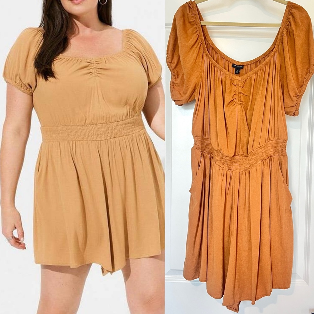 Torrid Romper Women’s Size 2X Rust Brown Tan Puff Sleeve Smocked Waist Pockets